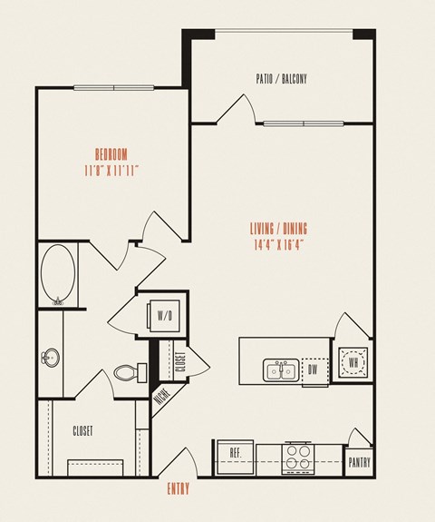 Floor plan for 1 bed, 1 bath, 741 sqft
